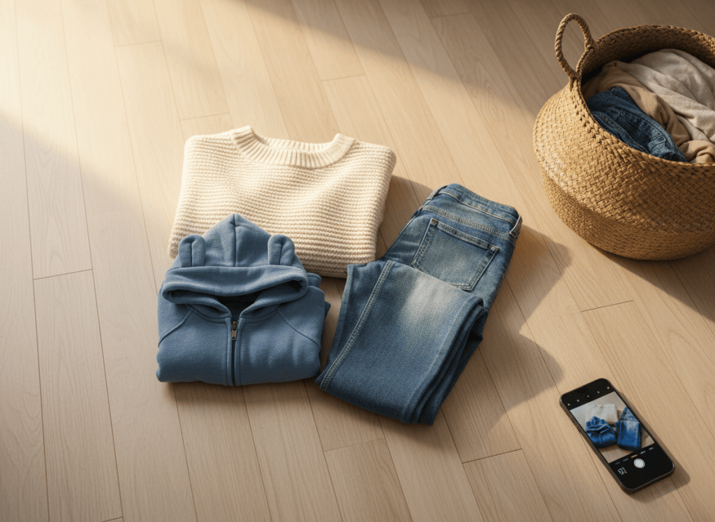 A cozy, softly lit flat-lay photo of neatly folded secondhand clothing (a sweater, jeans, a kid's hoodie) on a light wooden floor beside a woven laundry basket, with warm natural window light, a smartphone visible at the edge taking a photo of the clothes, warm and inviting home aesthetic, no visible text or logos